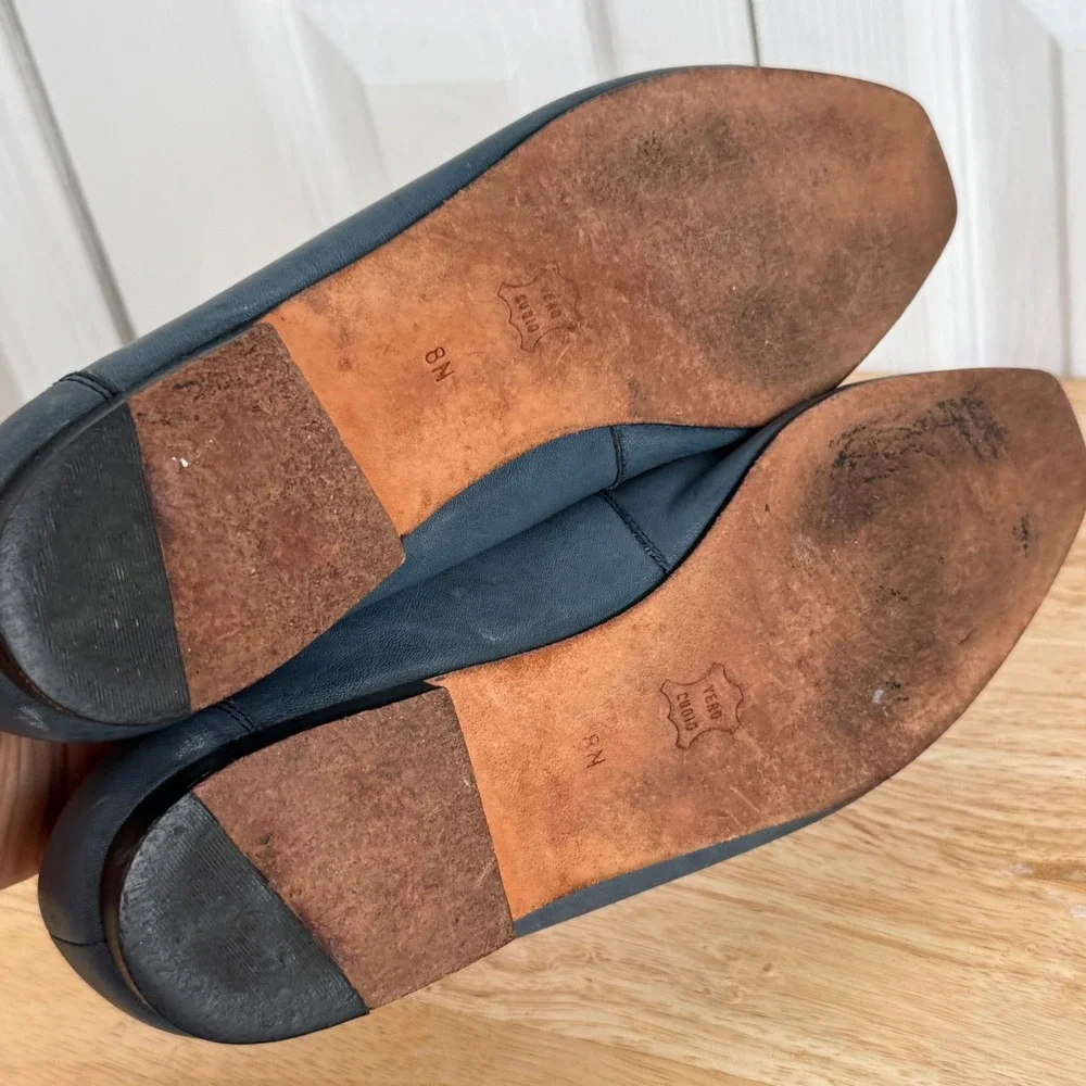 Enzo Angiolini Leather‎ Loafers 8N Blue Bow Square Toe Dark Academia Flats